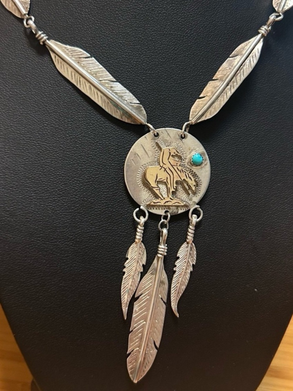 Sterling Silver rare native America style turquoise feather link necklace